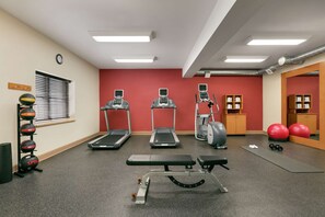 A gym with treadmills, a bench, and exercise balls.