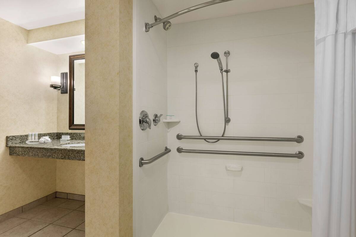 A bathroom with a shower, grab bars, a sink, and a mirror.