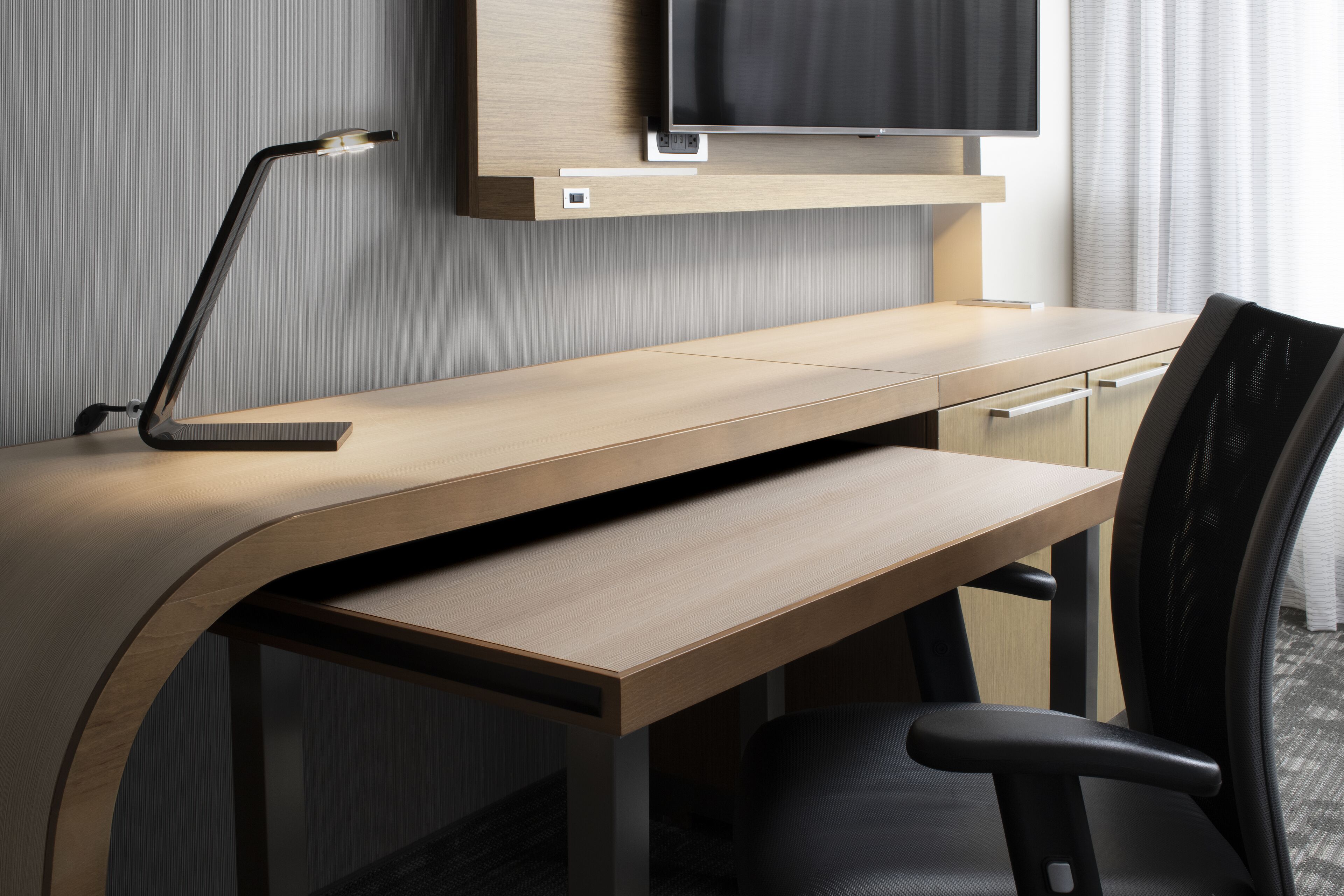 premium bedding, desk, laptop workspace, iron/ironing board