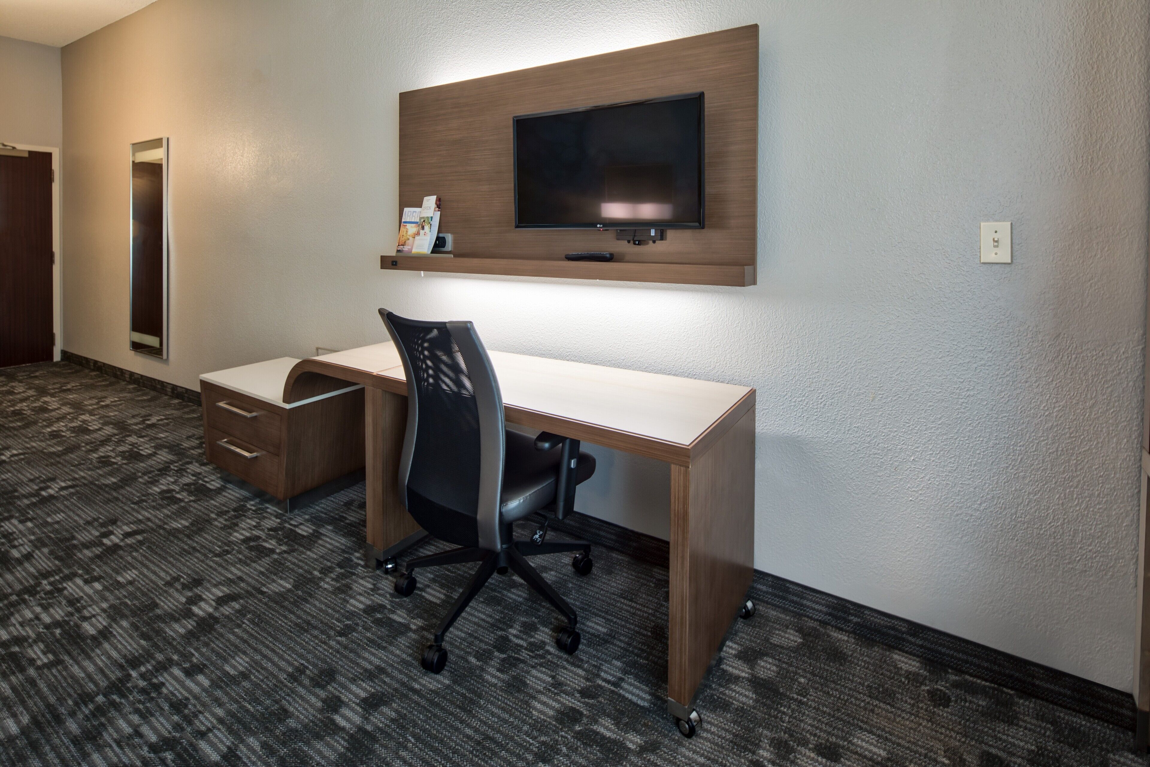 premium bedding, desk, laptop workspace, iron/ironing board