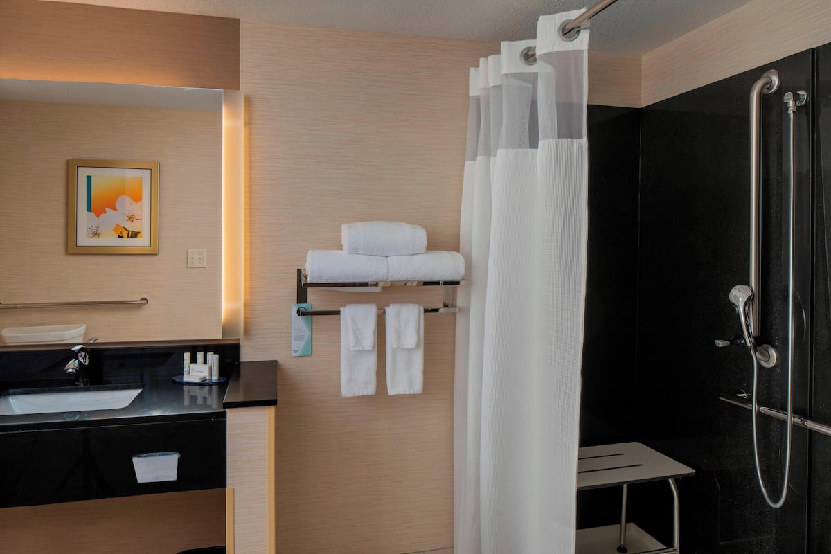 eco-friendly toiletries, hair dryer, towels, soap