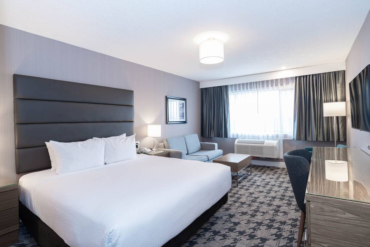 A modern hotel room with a large bed, a sofa, a desk, and a television.