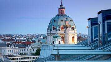 Een uitzicht op de koepel van het Museum Vienna met omliggende gebouwen en daken.