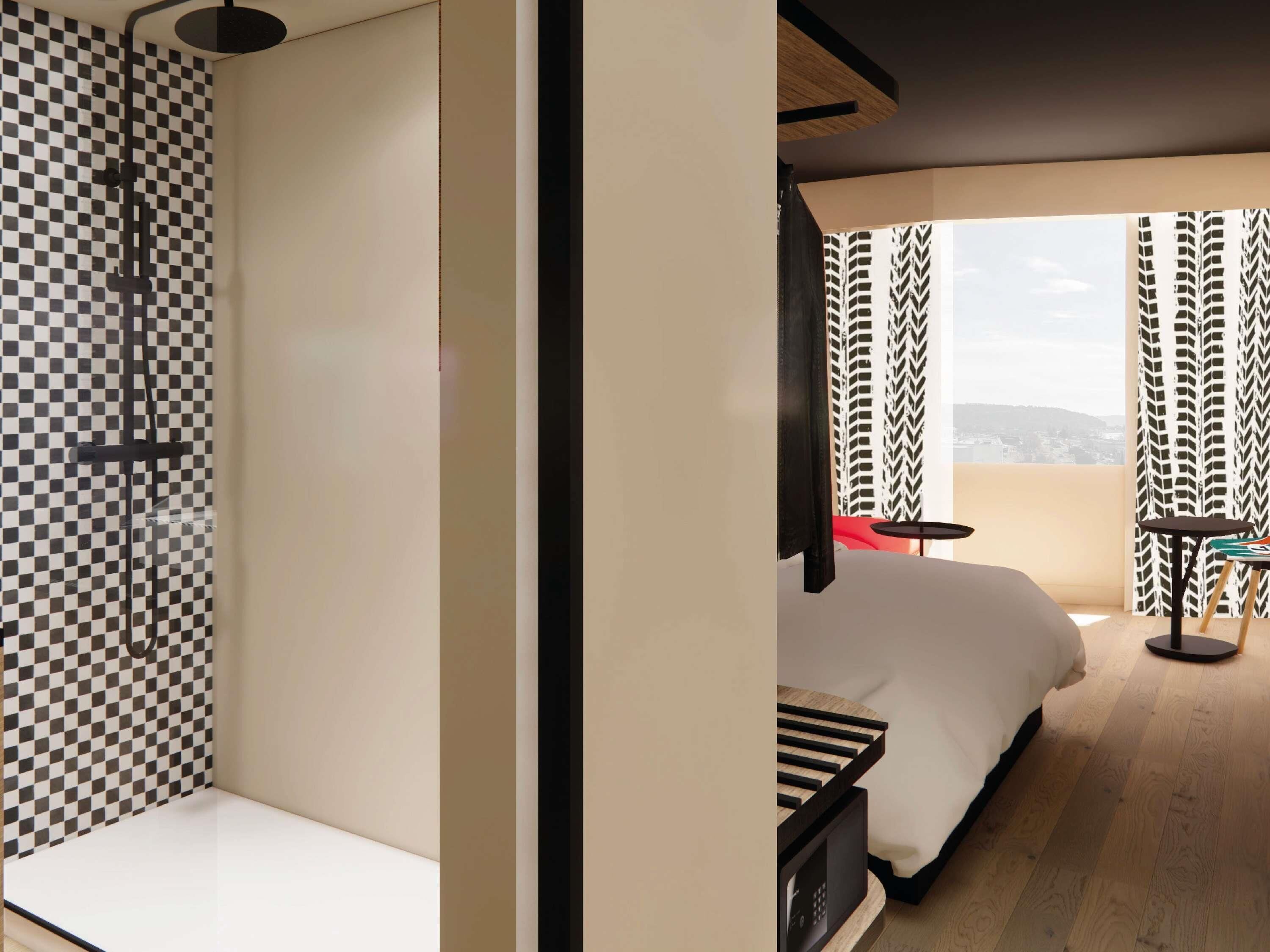 Premium bedding, desk, laptop workspace, blackout curtains
