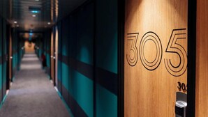 A hallway with a wooden door labeled '305' and a carpeted floor. - ibis Styles Lyon Sud Vienne (Chasse-sur-Rhone)