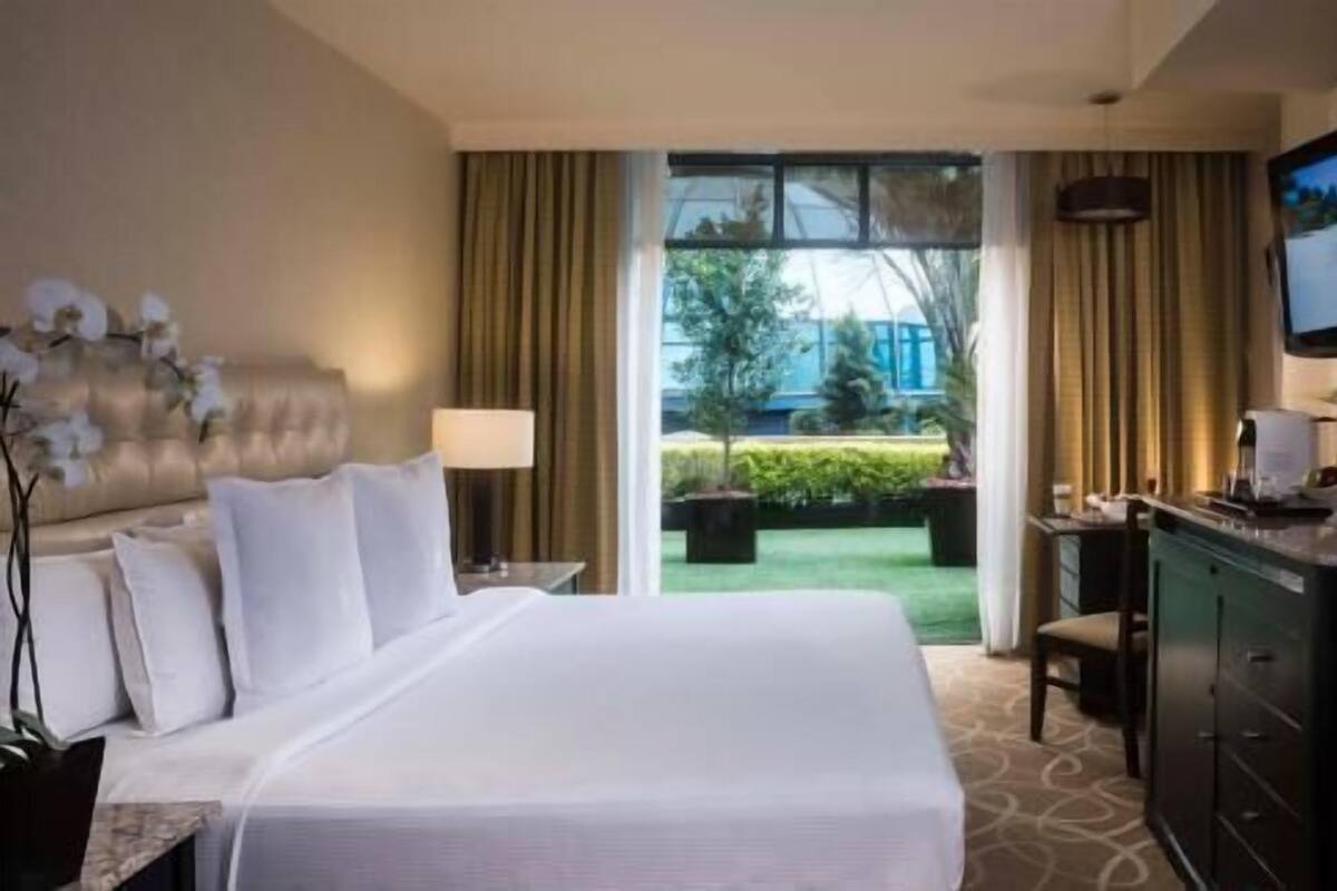 A hotel room with a large bed, a desk, a chair, a television, and a view of the outdoors.