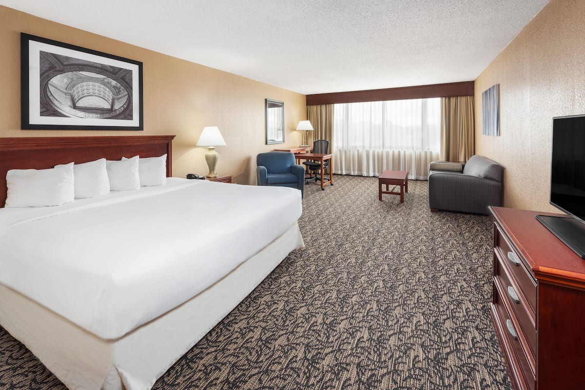 A hotel room with a large bed, a desk with a chair, a sofa, a TV, and a framed picture on the wall.