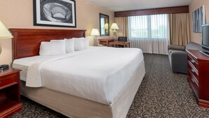Une chambre d’hôtel avec un grand lit, un bureau, une chaise et un téléviseur.