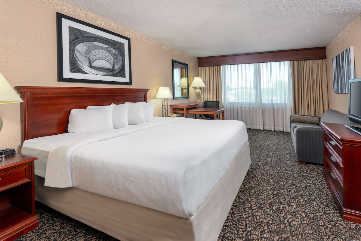 A hotel room with a large bed, a desk, a chair, and a television.