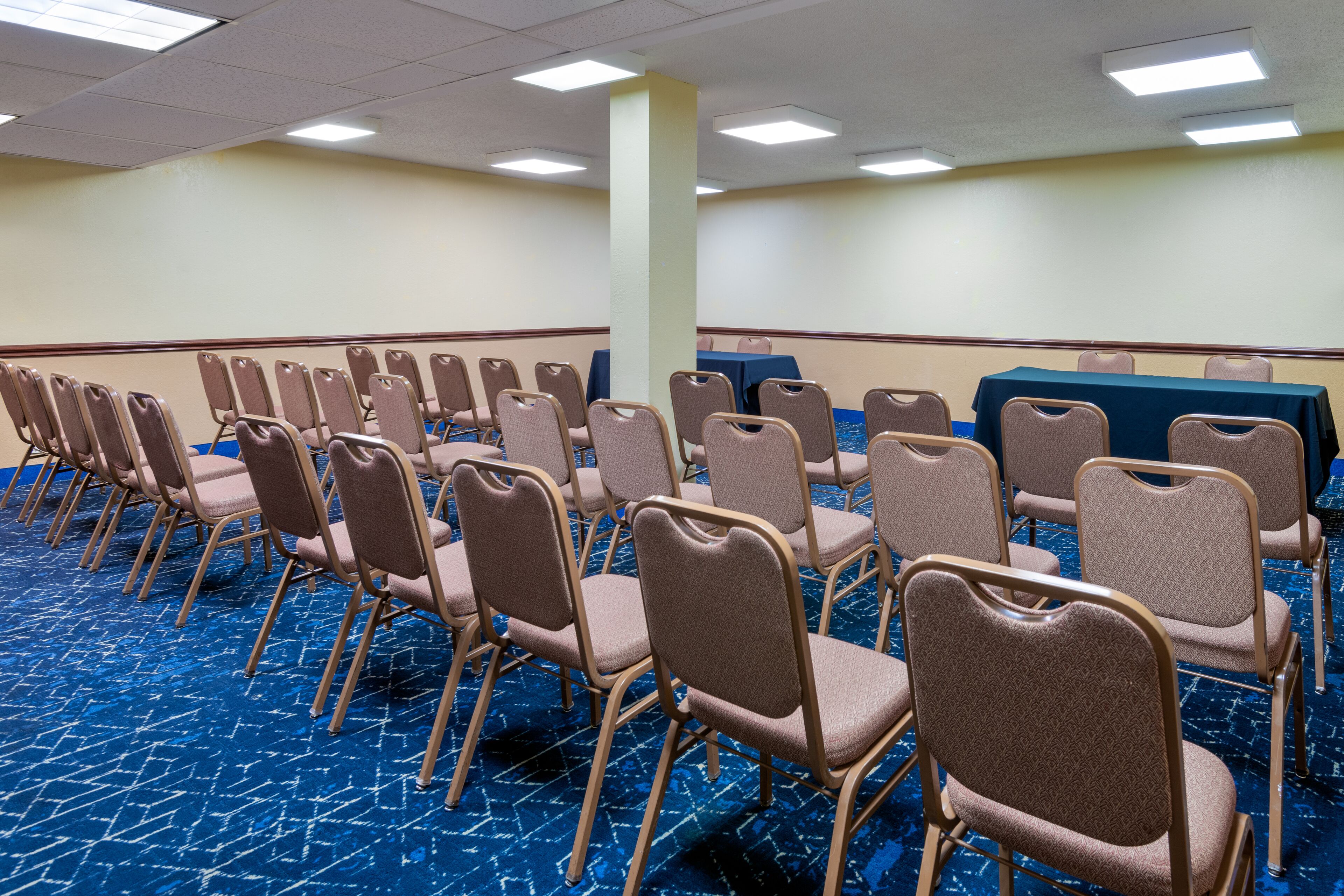 Une salle de conférence avec des rangées de chaises beiges, une moquette bleue et un plafond blanc équipé de néons.