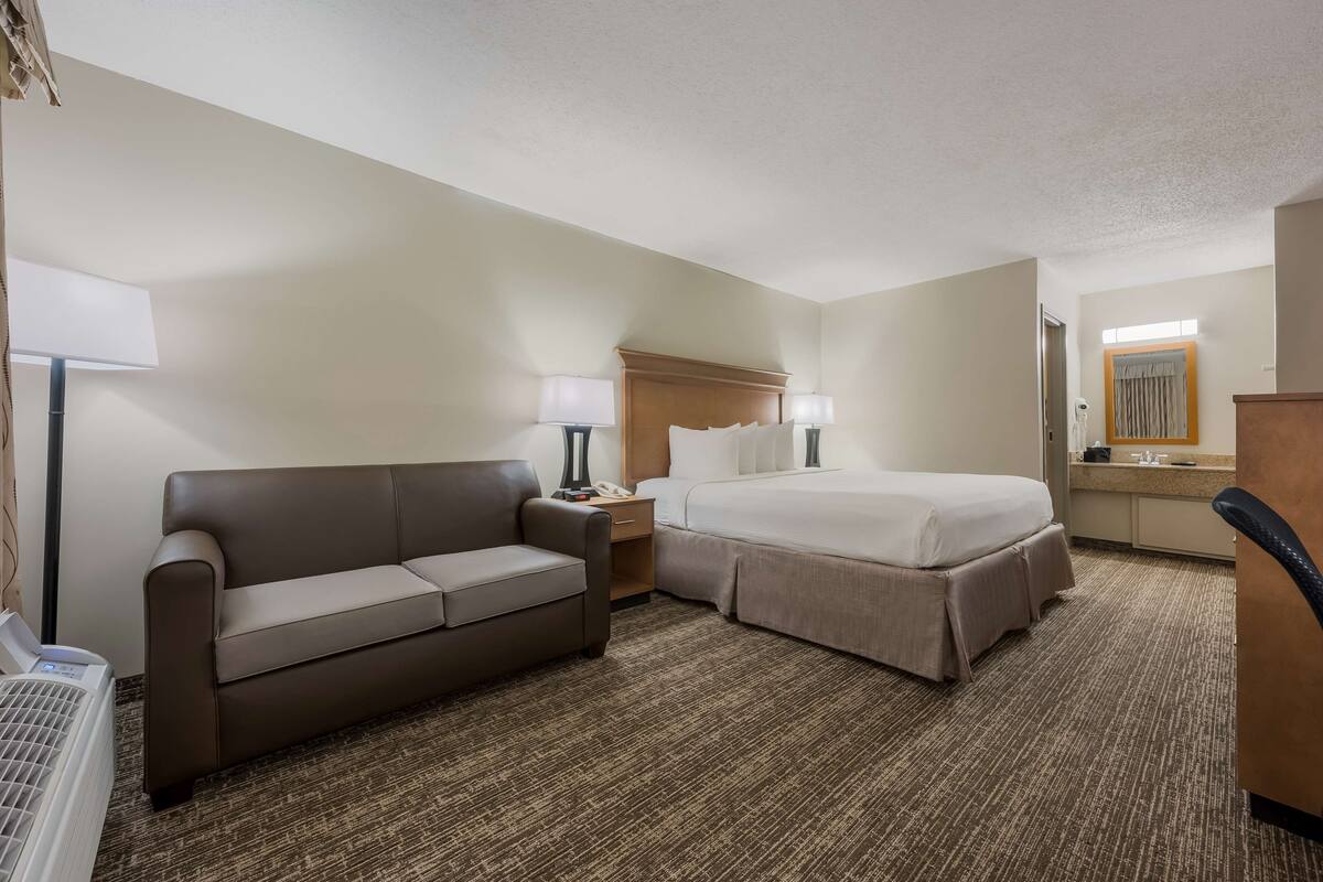 A hotel room with a bed, a sofa, a desk with a lamp, a mirror, and a radiator.