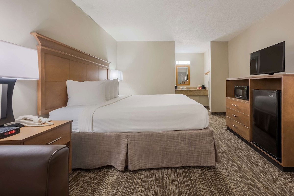 A hotel room with a bed, a desk with a phone, a TV, a microwave, and a refrigerator.
