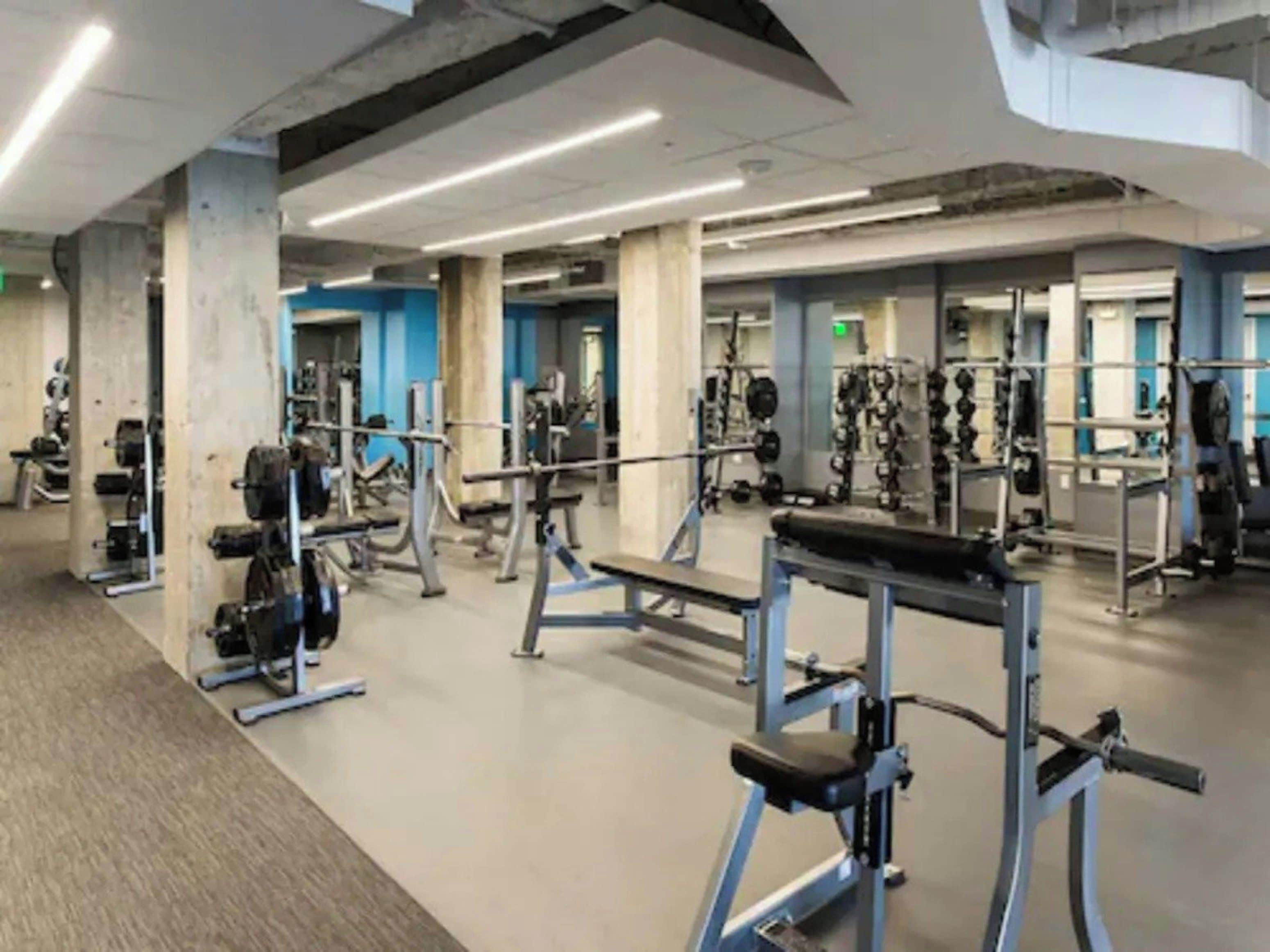Une salle de sport équipée de divers appareils d’entraînement, notamment des machines à poids et des poids libres.