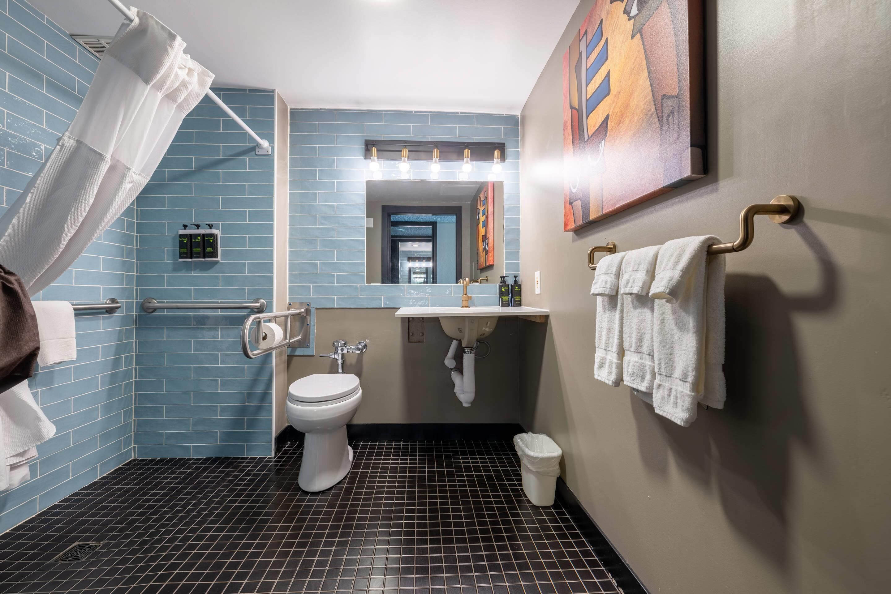 Ein modernes Badezimmer mit einer blauen Fliesenwand, einer weißen Toilette, einem Waschbecken mit Spiegel darüber und einer Duschkabine mit Vorhang.