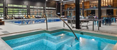 Indoor pool, open 9:00 AM to 10:00 PM, sun loungers
