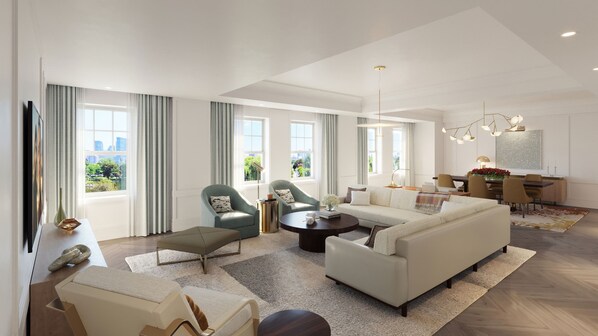 A modern living room with a sofa, armchairs, a coffee table, and a dining area with a table and chairs. - The Newbury Boston (Boston)