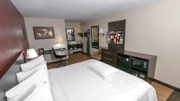 Desk, laptop workspace, blackout drapes, free cribs/infant beds