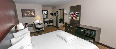 Desk, laptop workspace, blackout drapes, free cribs/infant beds