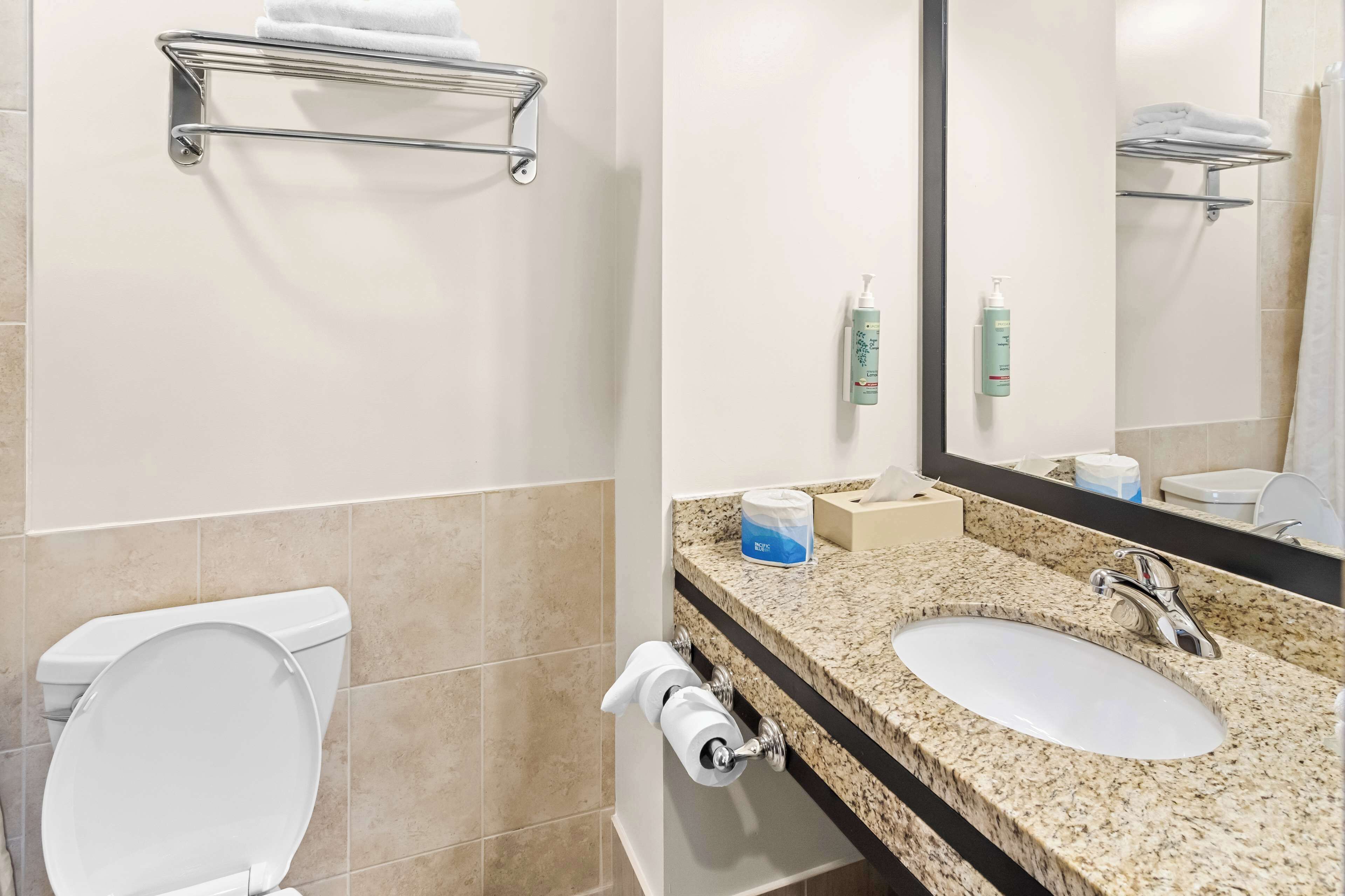 Un bagno con il water, un lavandino, un portasciuga asciugamani e uno specchio.
