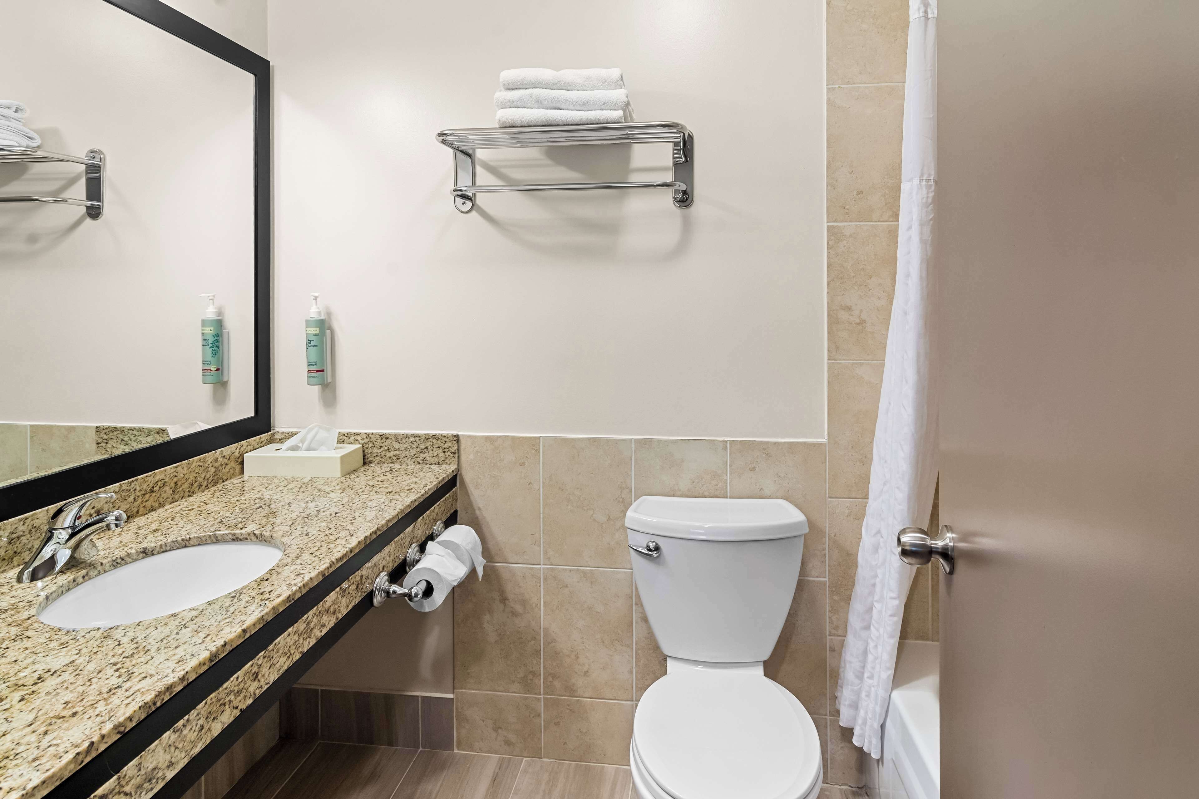 Un baño con lavamanos de encimera de granito, espejo, inodoro y toallero.