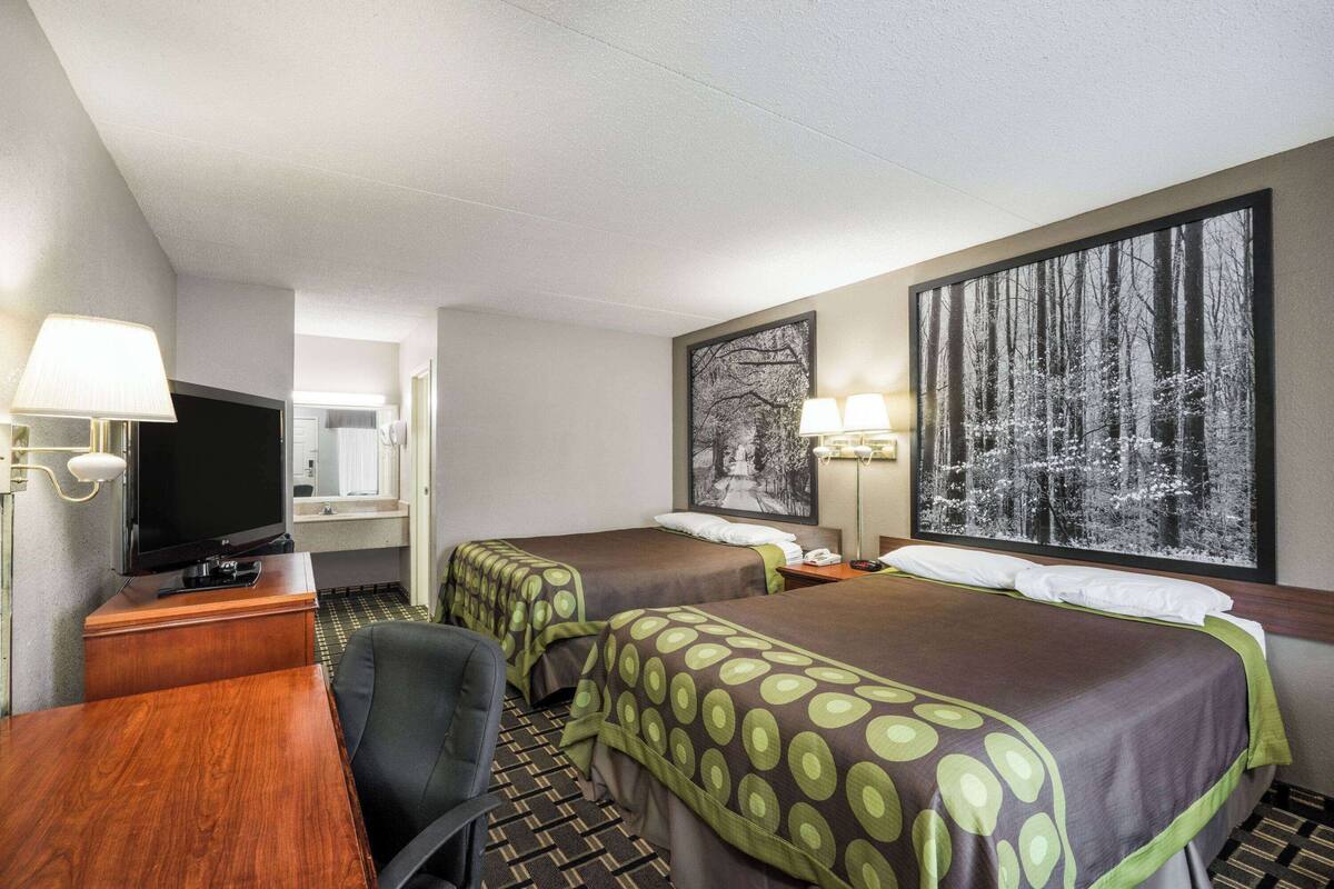 A hotel room with two beds, a desk with a TV, a chair, and a large window with a forest view.