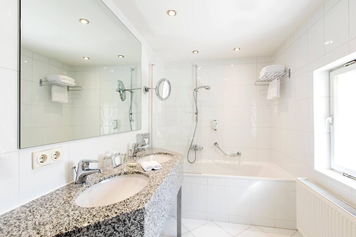 free toiletries, hair dryer, towels