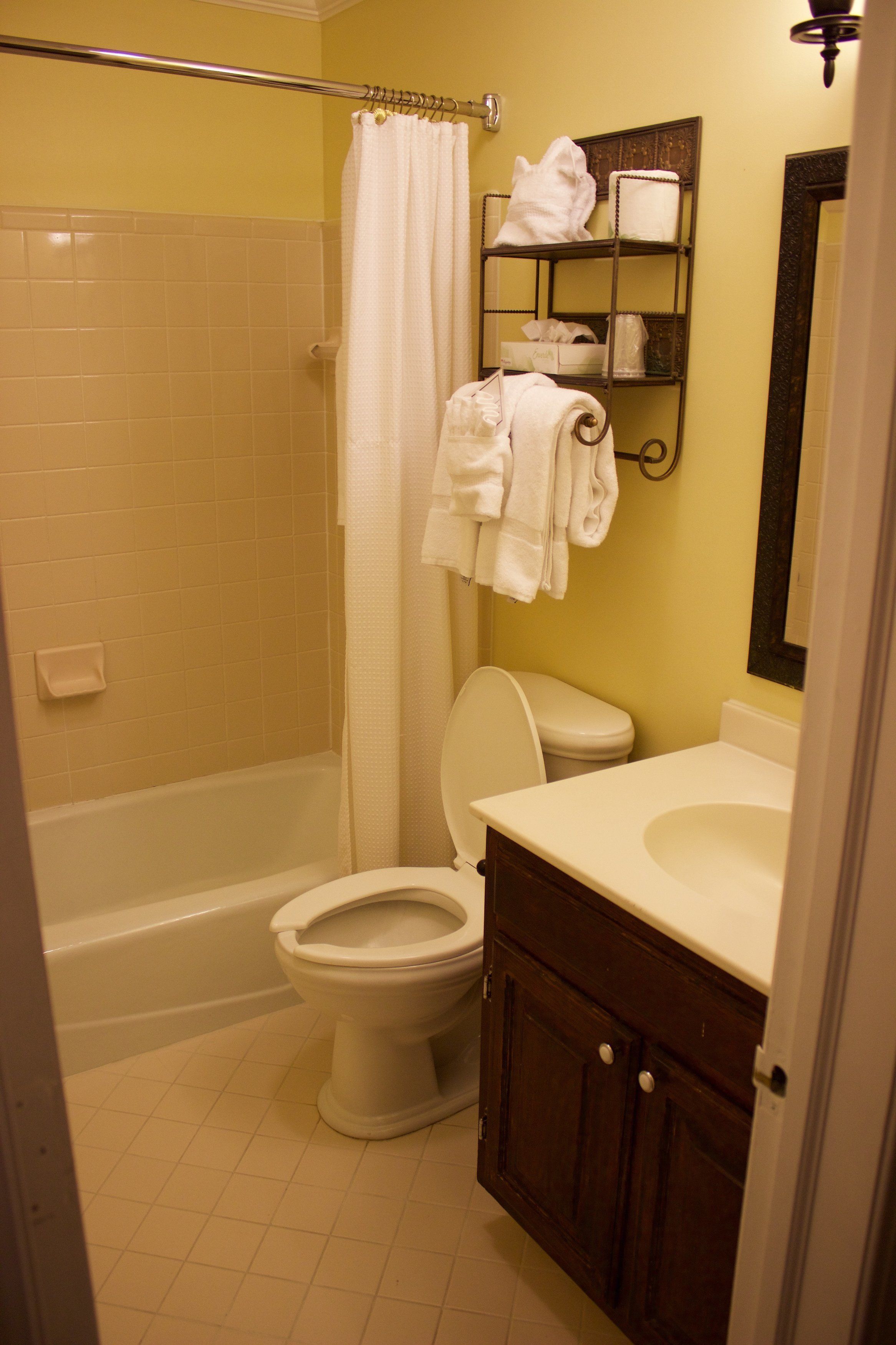 combined shower/bathtub, designer toiletries, hair dryer, towels