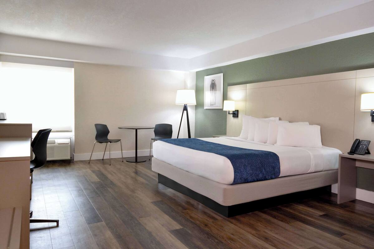 Una camera d'albergo con un letto grande, una scrivania, una sedia e un tavolino.