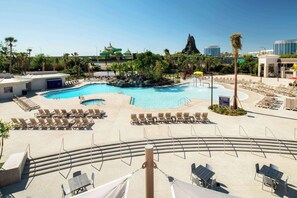 Outdoor pool, pool umbrellas, sun loungers