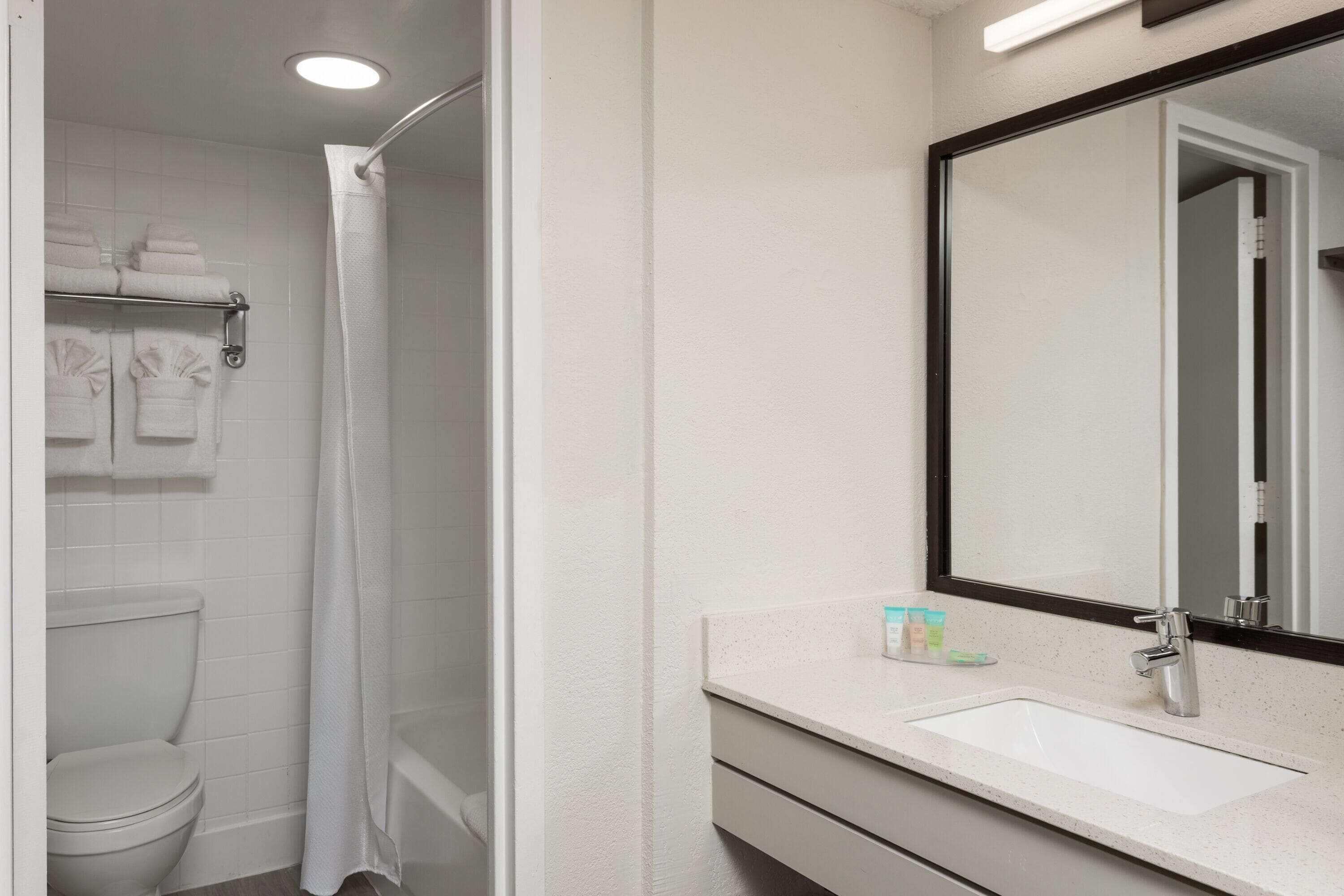 Une salle de bain comprenant des toilettes, une douche avec un rideau blanc, un lavabo avec un miroir et des articles de toilette posés sur le comptoir.