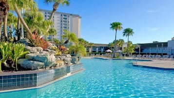 Outdoor pool, pool umbrellas, sun loungers