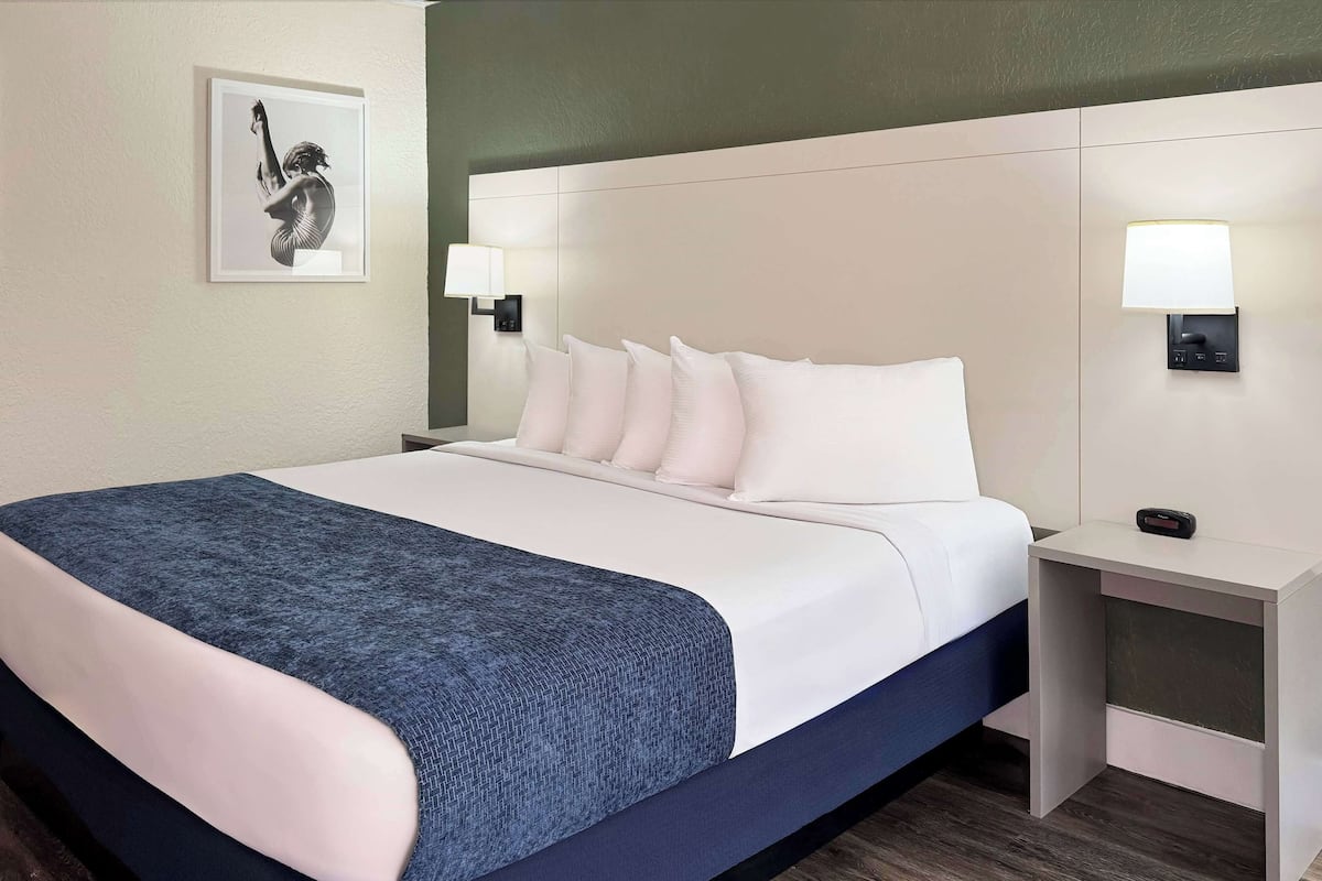 Una camera d'albergo con un letto, una coperta blu, cuscini bianchi, un comodino con una lampada e un quadro appeso al muro.