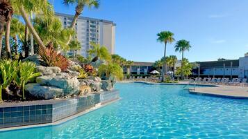 Outdoor pool, pool umbrellas, pool loungers