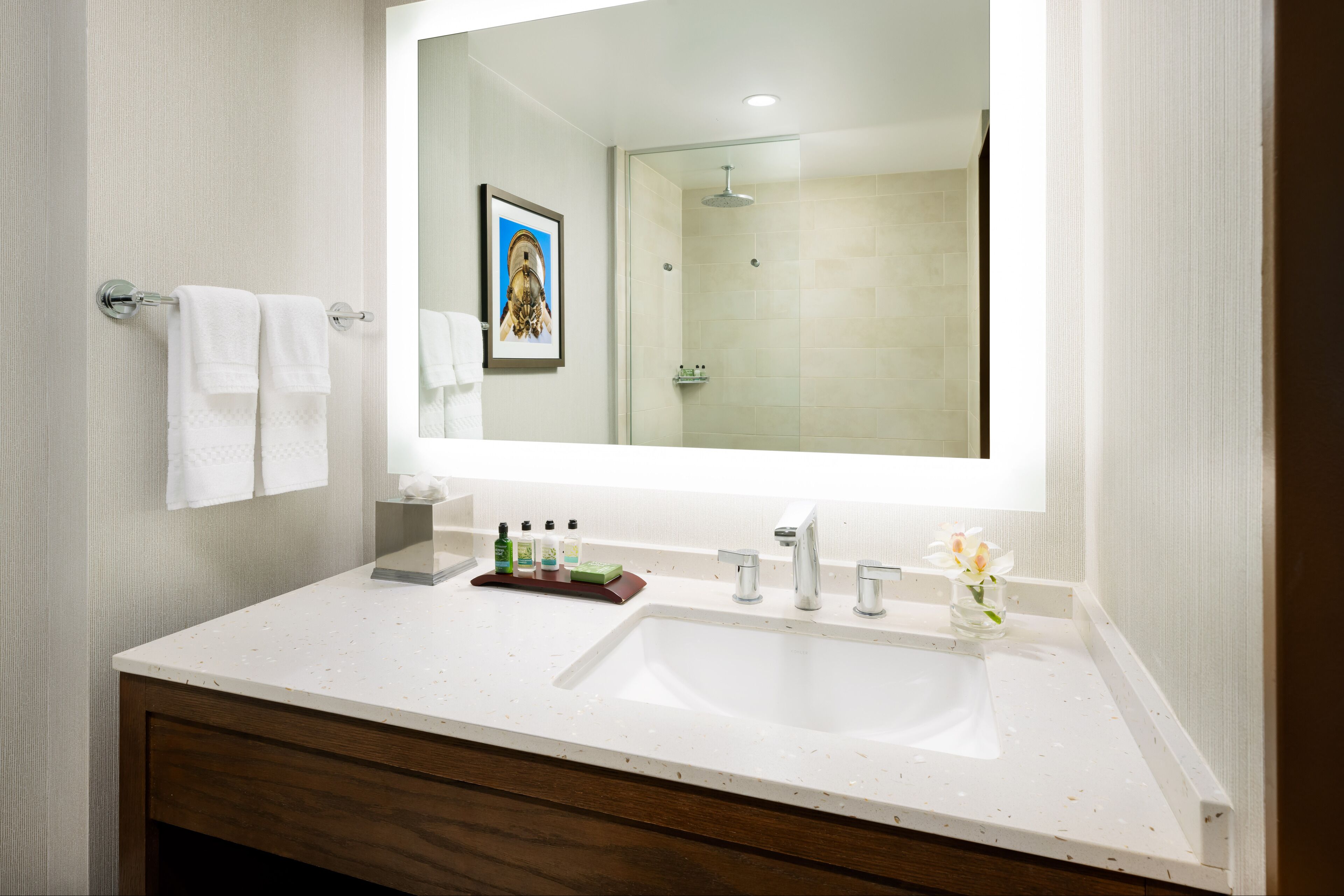 Un baño con un espejo grande, lavamanos blanco y tocador de madera.