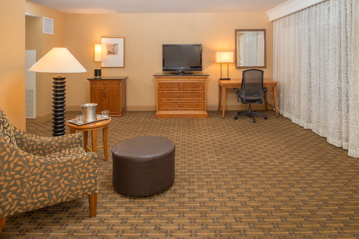 Une chambre d’hôtel avec un tapis à motifs, un canapé, un pouf rond, une télévision, un bureau, une chaise et une fenêtre avec des rideaux.