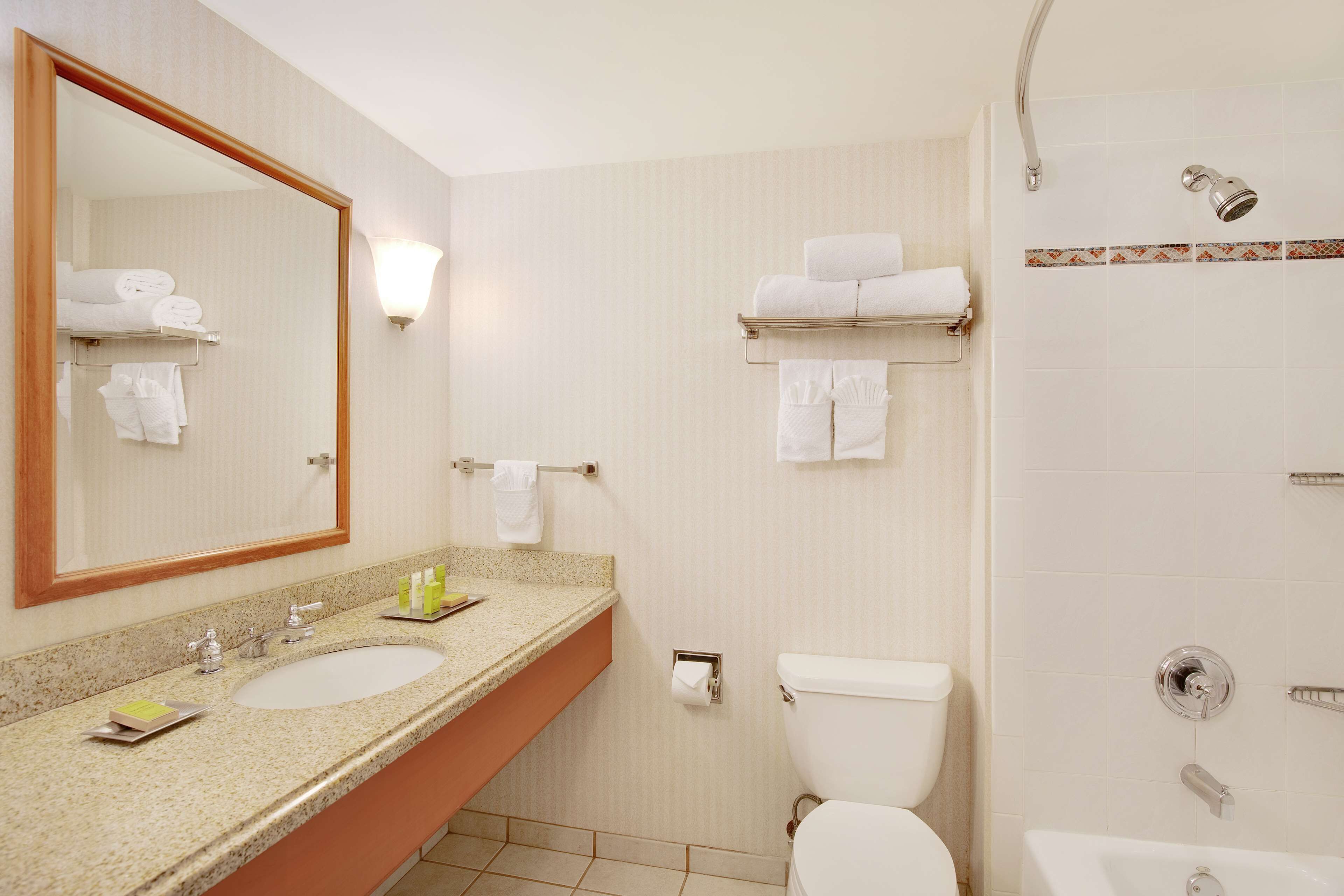 Un baño con dos lavamanos, un inodoro, una ducha y un espejo.