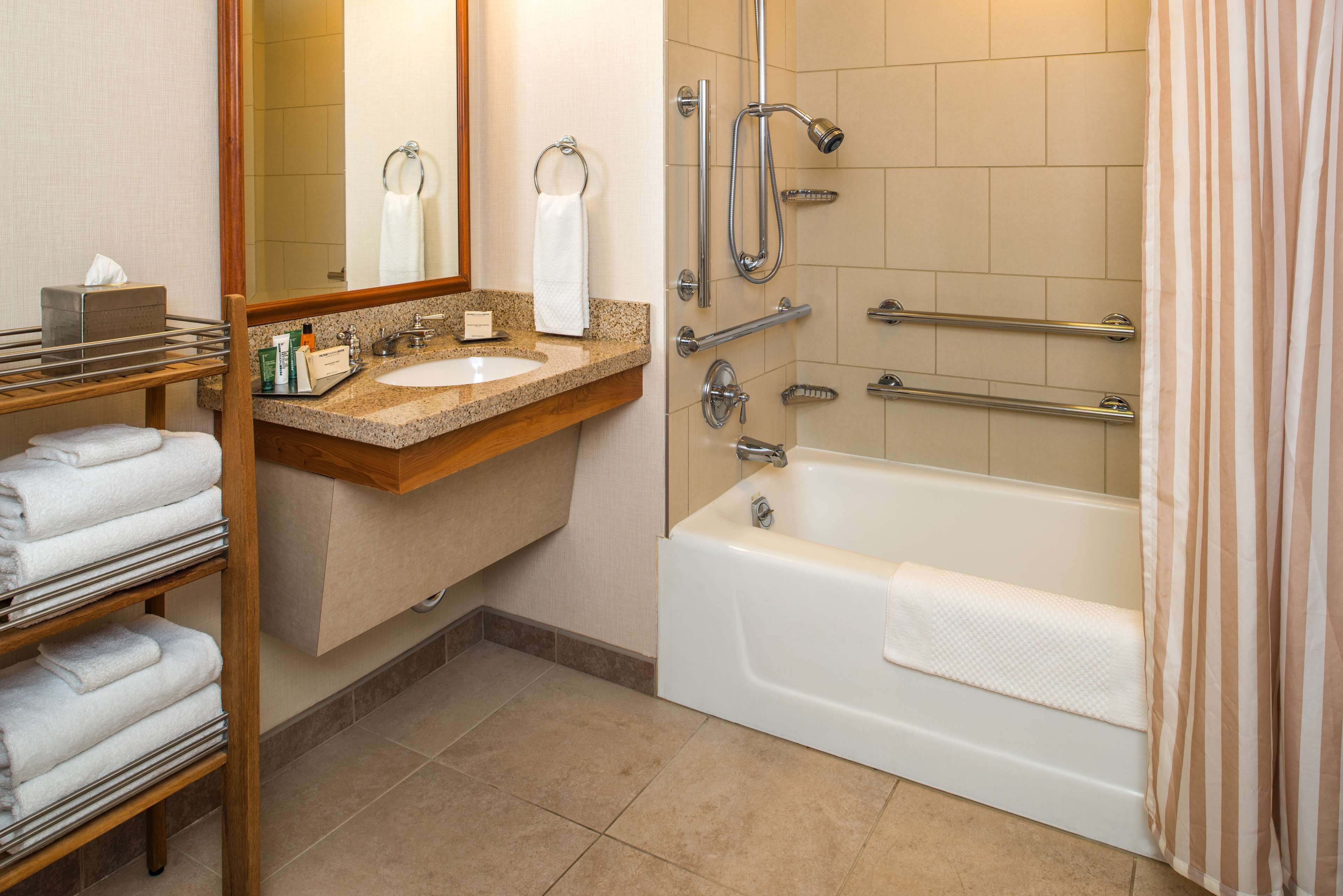 combined shower/bathtub, free toiletries, hair dryer, towels