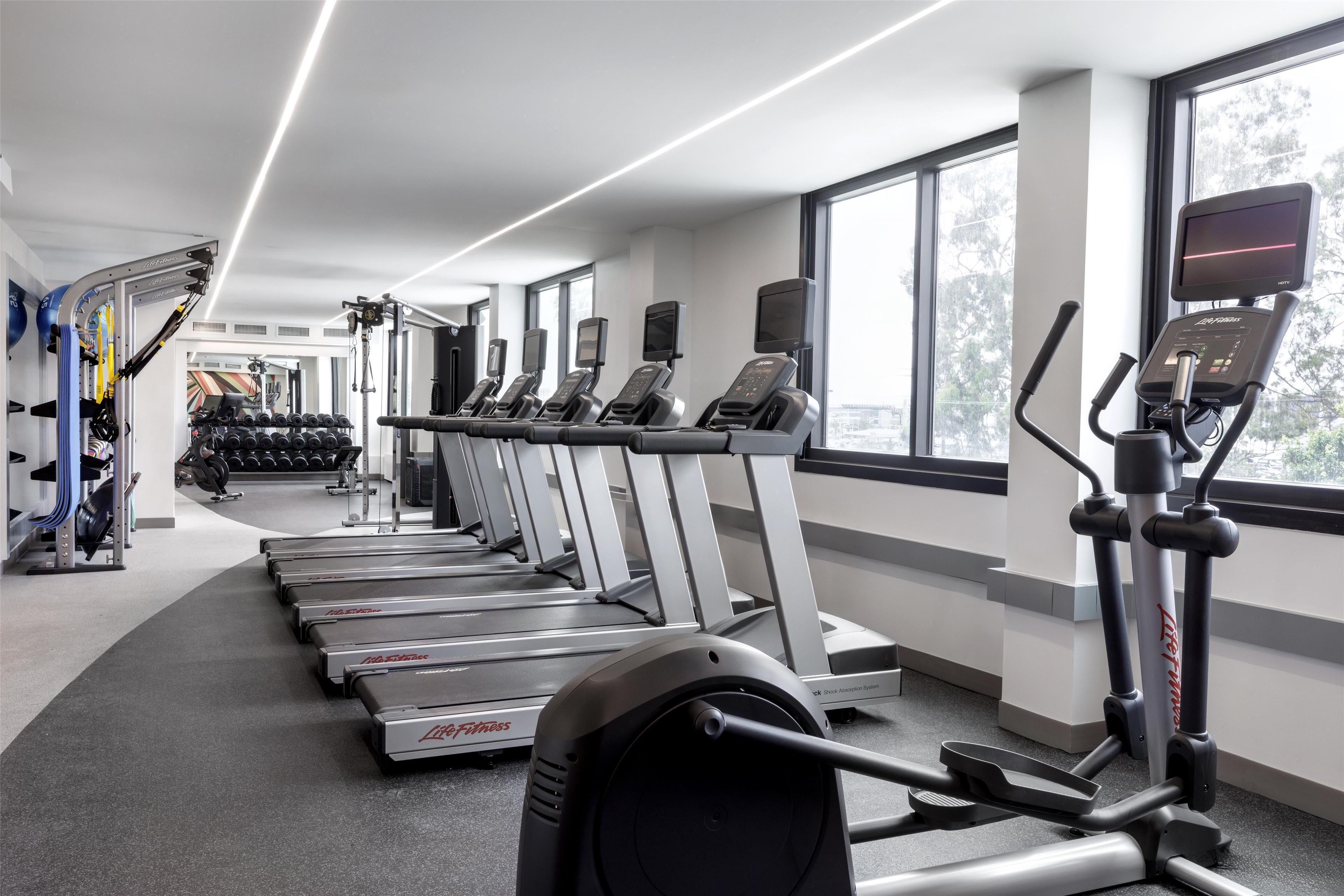 A gym with treadmills, dumbbells, and exercise equipment.