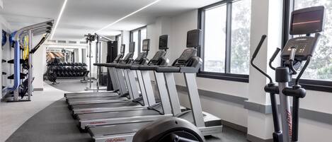 A gym with treadmills, dumbbells, and exercise equipment.