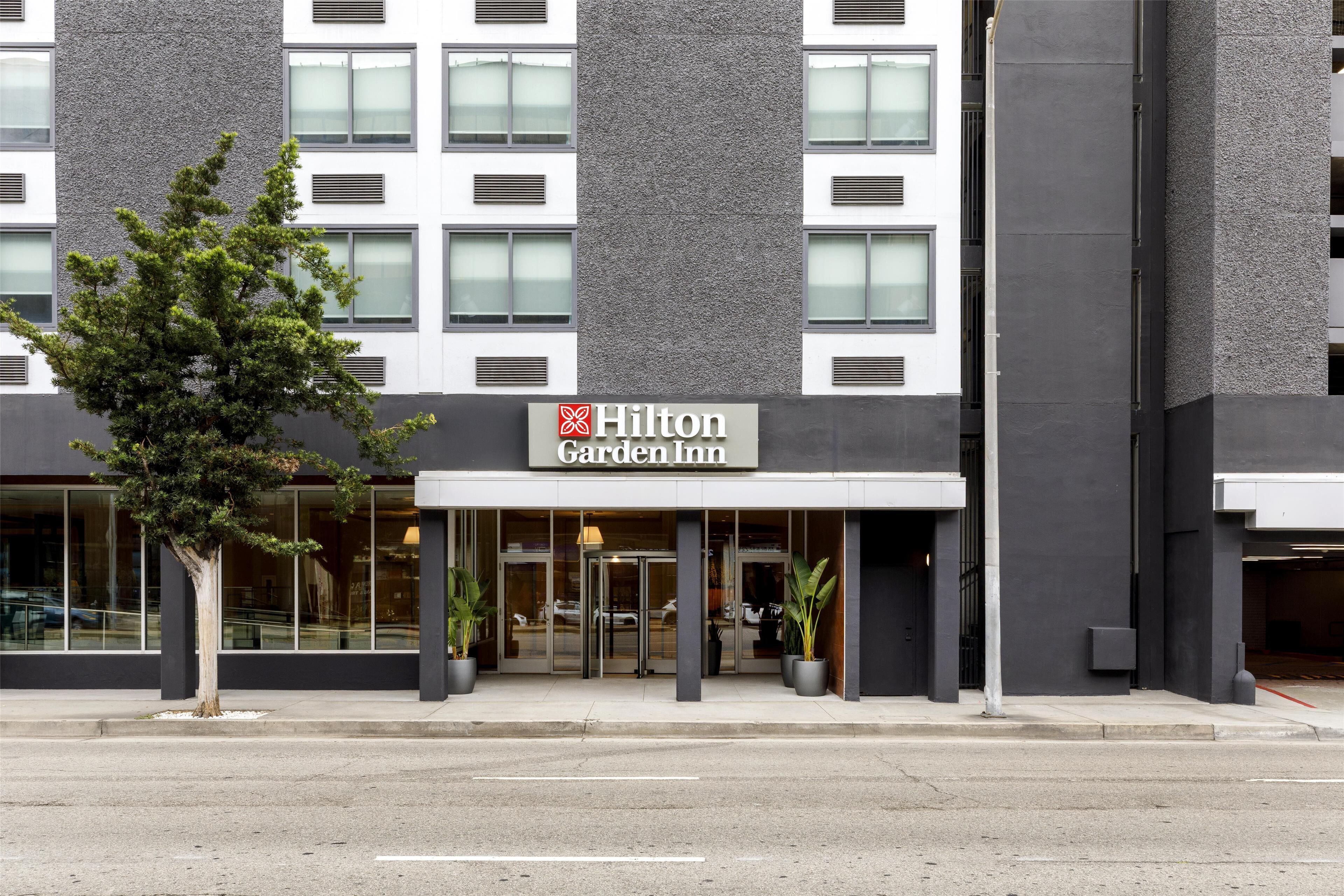 Un Hilton Garden Inn con fachada moderna, grandes ventanales y un árbol en primer plano.