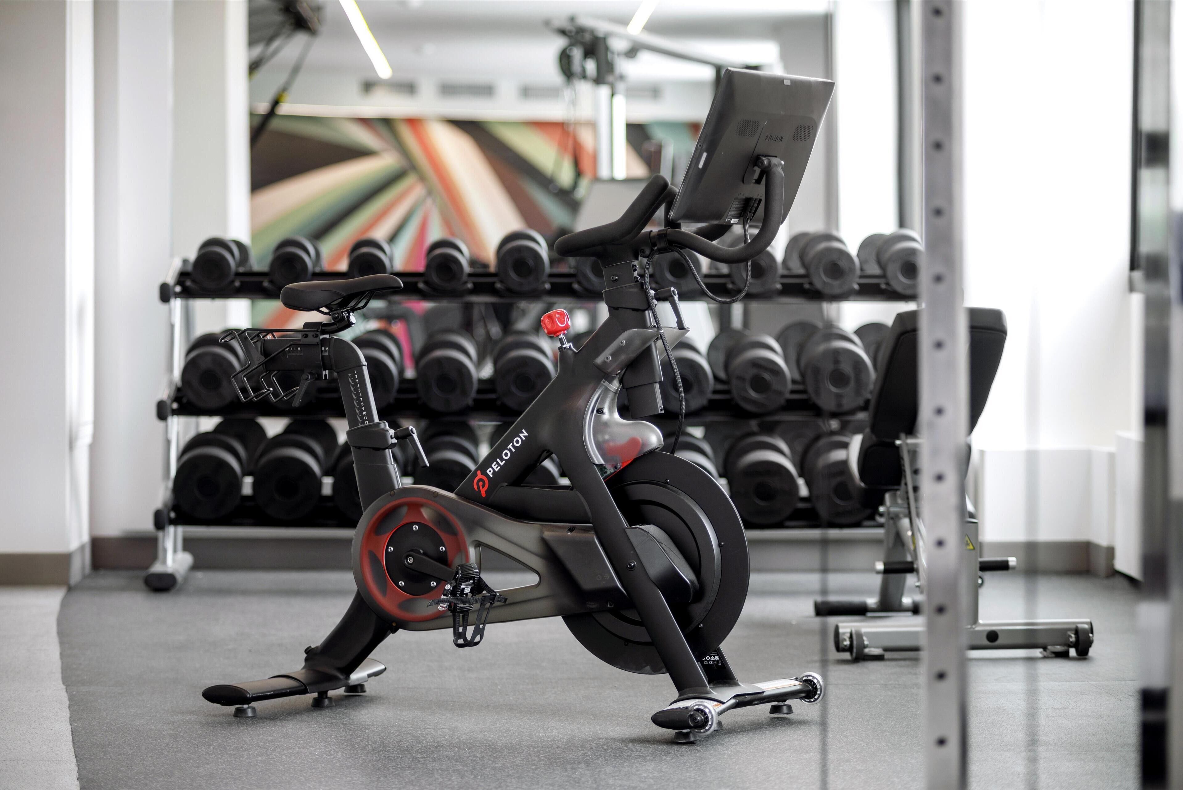 Un vélo d’appartement dans une salle de sport, avec un porte-haltères en arrière-plan.
