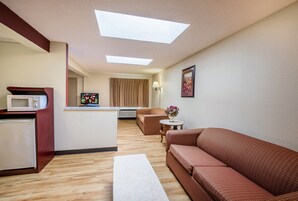 Habitación de hotel con kitchenette, televisor de pantalla plana, sofá, una pequeña mesa con un florero y un cuadro en la pared.