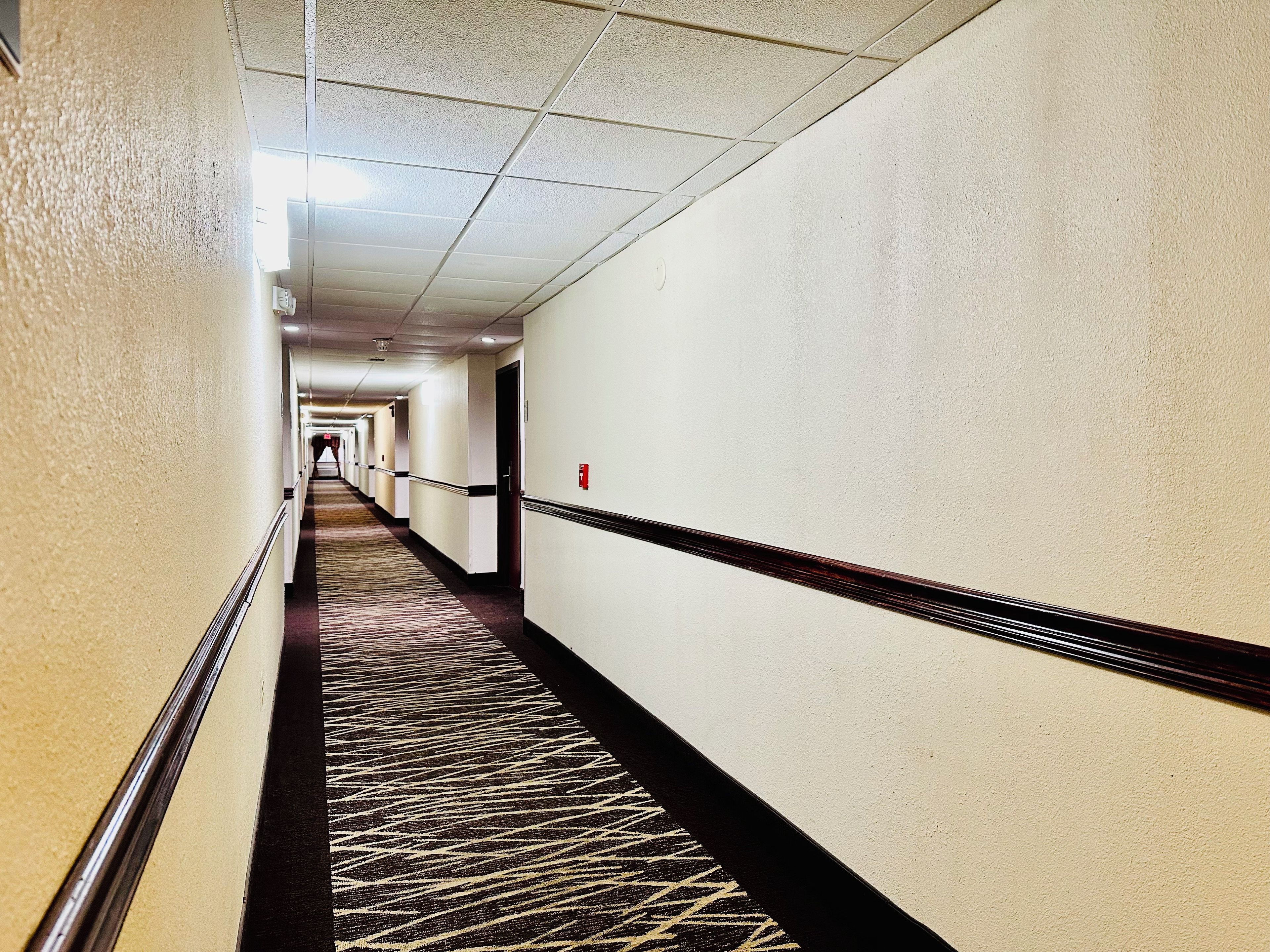Un couloir d'hôtel avec des revêtements de sol en moquette, des murs blancs et des portes donnant accès aux chambres.