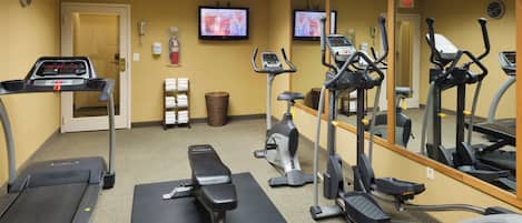 A gym with treadmills, elliptical machines, and a bench.