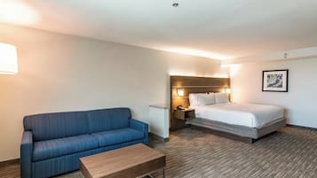 A hotel room with a bed, a sofa, a bedside table, and a lamp.