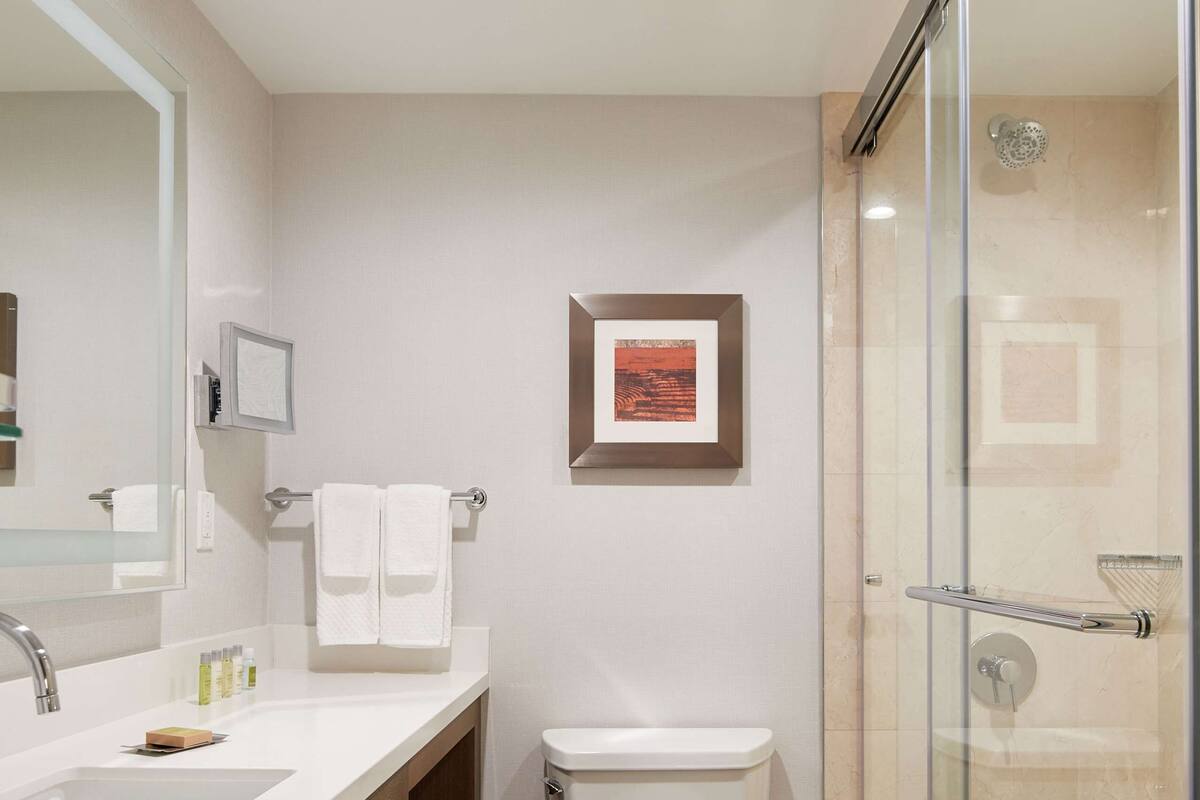 A modern bathroom with a glass-enclosed shower, a white toilet, and a vanity with a mirror and towel rack.