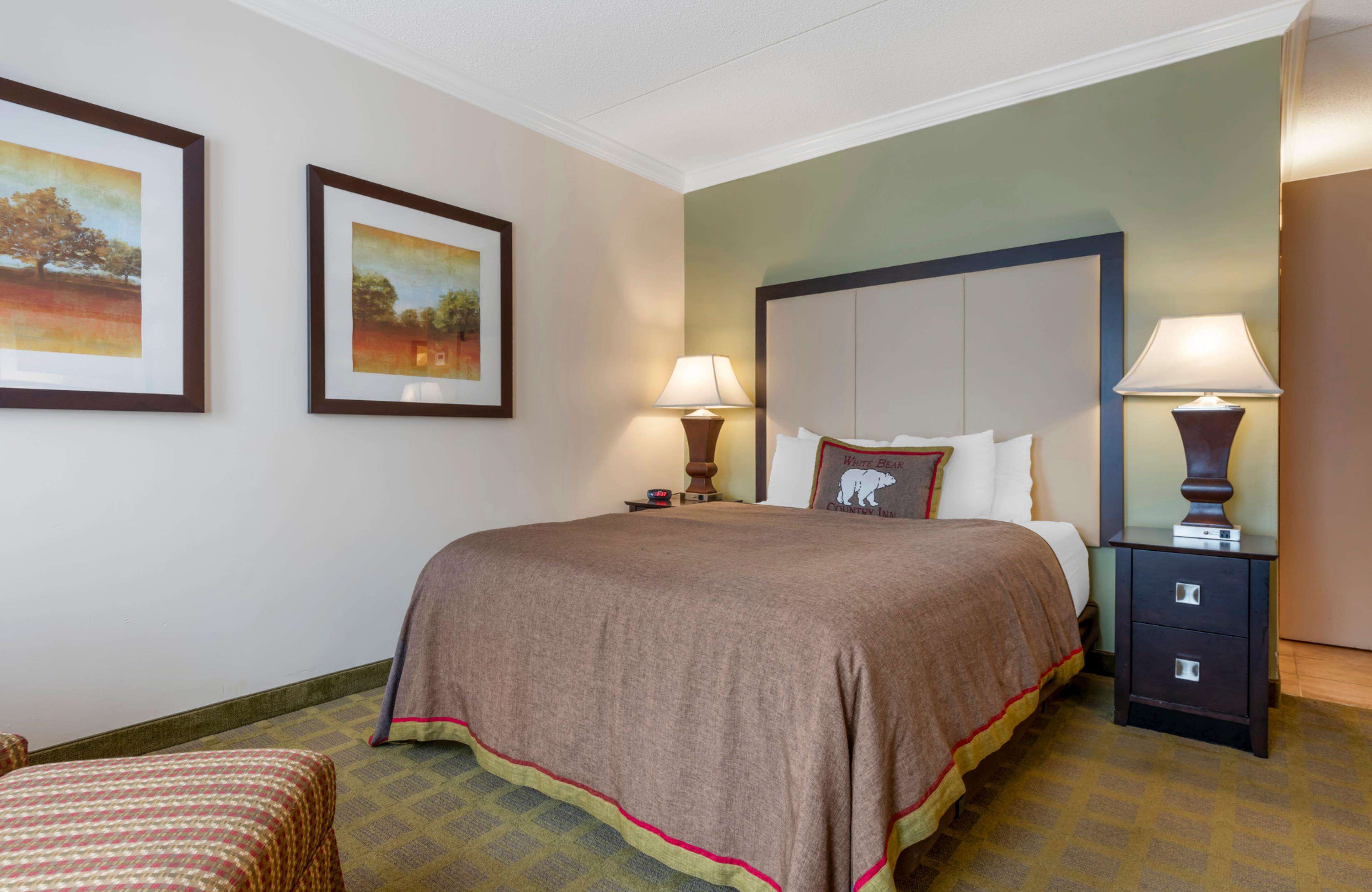 Habitación de hotel con una cama grande, dos mesitas de noche con lámparas, un cabecero y dos cuadros enmarcados en la pared.