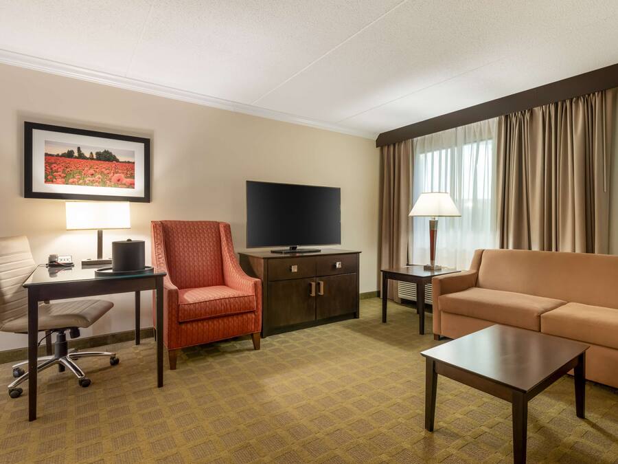 A hotel room with a desk, chair, sofa, TV, and a framed picture on the wall.
