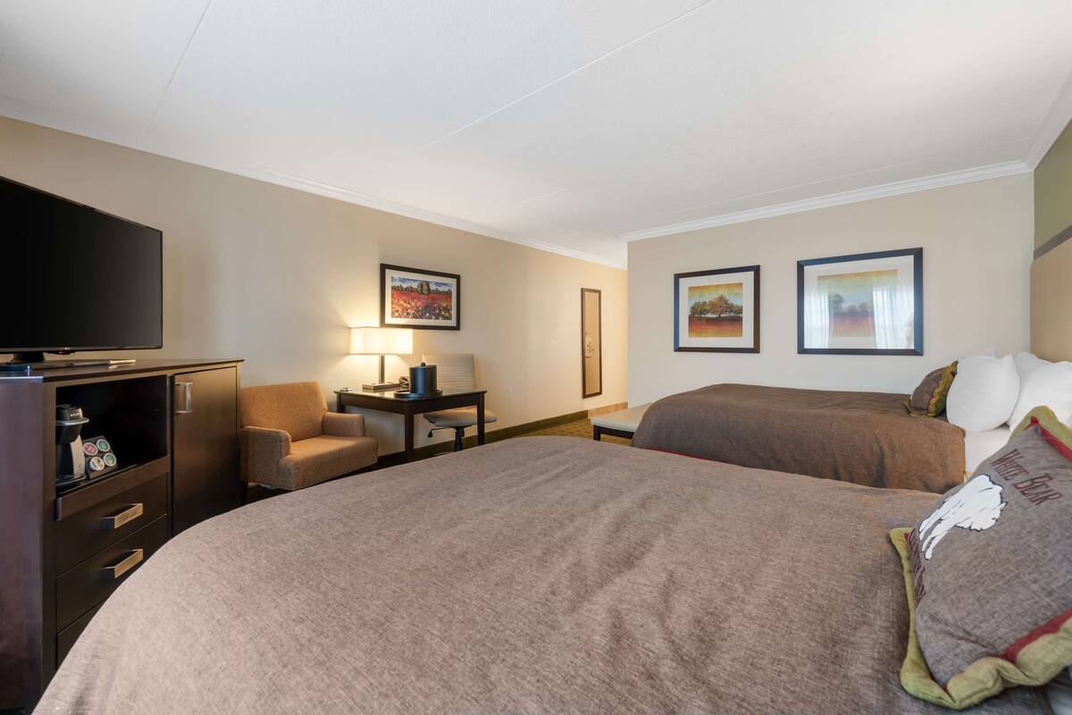 A hotel room with a large bed, a desk with a lamp, a television, and two paintings on the wall.