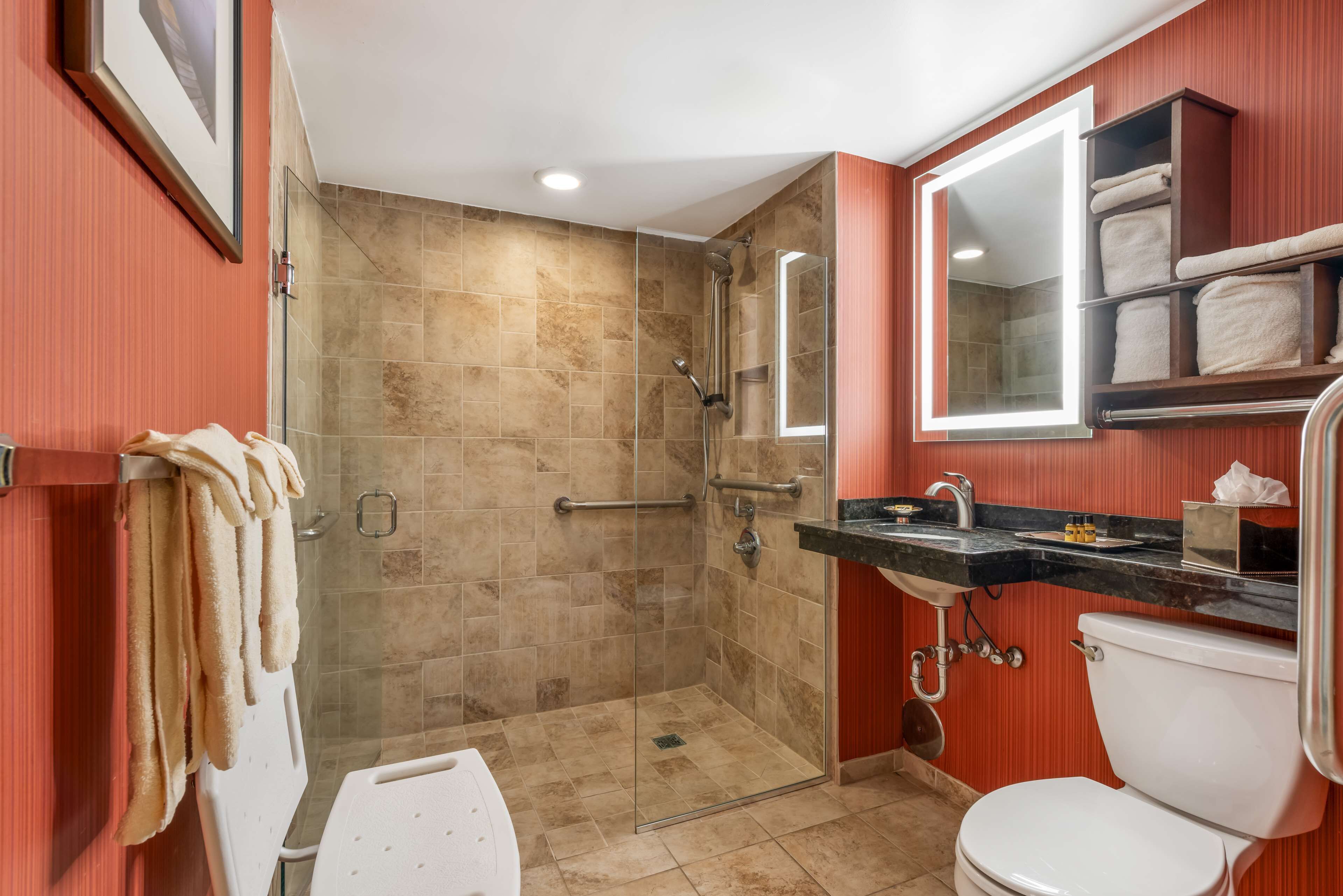 A bathroom with a glass-enclosed shower, a white toilet, a sink with a mirror, and a towel rack.